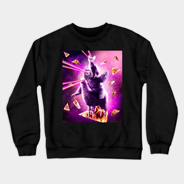 Laser Eyes Space Cat Riding Sloth, Llama - Rainbow Crewneck Sweatshirt by Random Galaxy